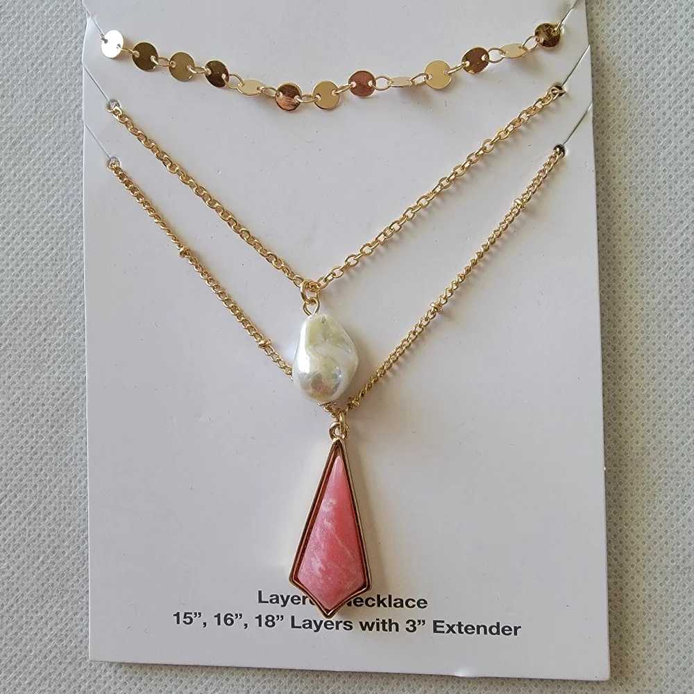 Layered Necklace Gold Tone Pearl Drop